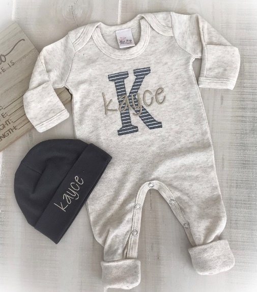 Newborn Boys Beige & Gray Striped Personalized Coming Home Romper Outfit