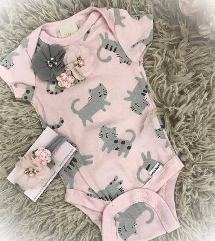 Newborn Girls Pink & Gray Baby Kitty Bodysuit