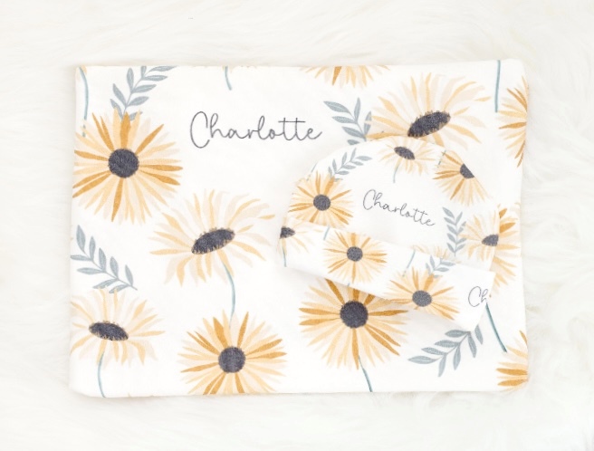 Baby Girls Sunflower Personalized Name Swaddle