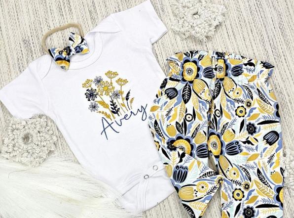 Girls Spring Floral Personalized Pants Set with Matching Headband