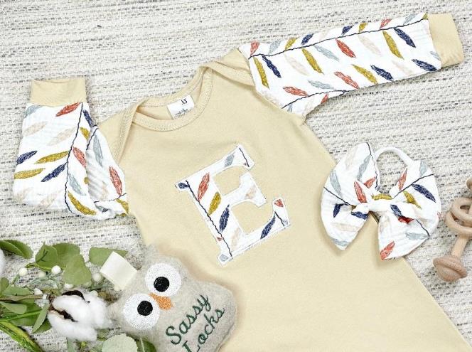 Baby Girls Personalized Natural Leaf Print Outfit with Matching Headband