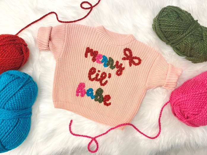 Merry Lil' Babe Baby Girls Hand Embroidered Oversized Christmas Sweater