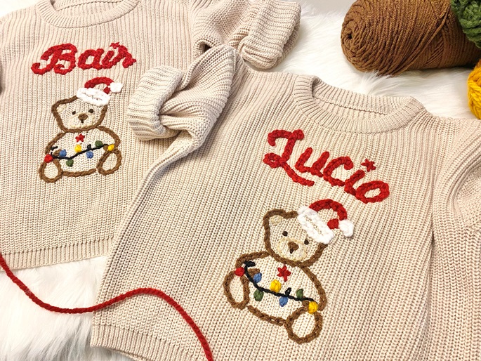 Boys Hand Embroidered Personalized Oversized Christmas Bear Holiday Sweater