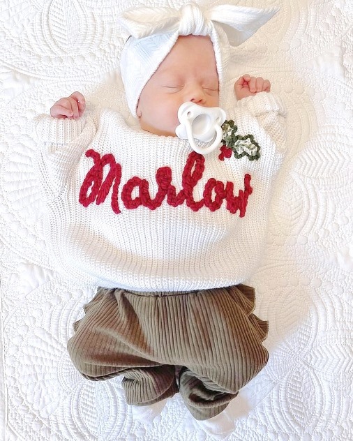 Baby Girls Christmas Holly Hand Embroidered Custom Name Sweater