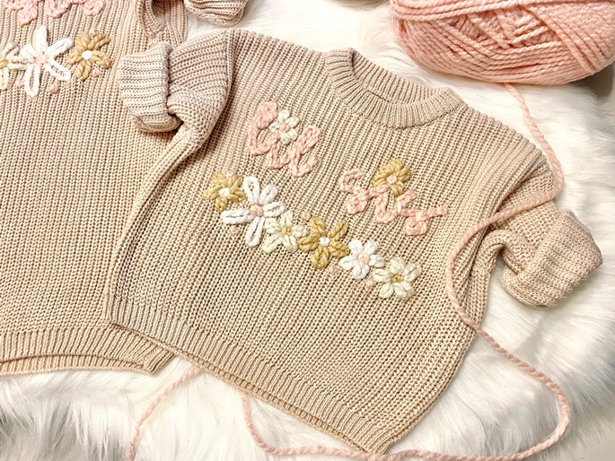 Big Sis Lil Sis Hand Embroidered Oversized Chunky Knit Flower Sweater