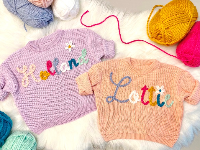 Hand Embroidered Colorful Name Custom Baby Sweater for Girls