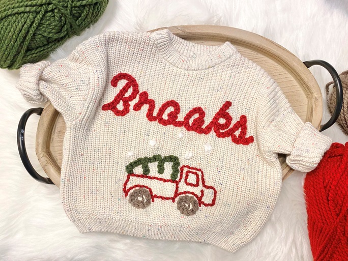 Hand Embroidered Baby Name Oversized Christmas Tree Truck Sweater