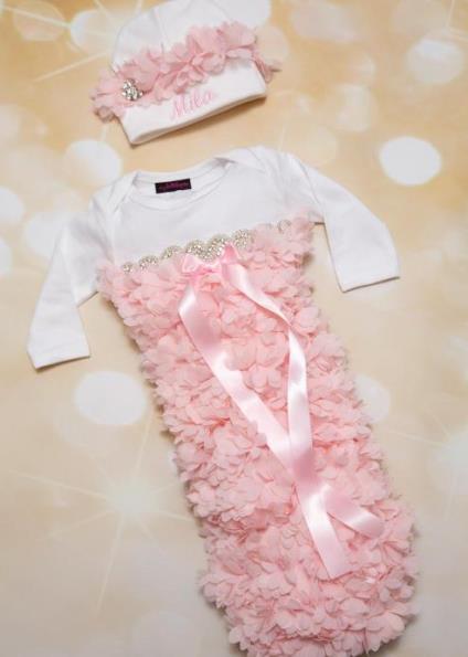 Newborn Baby Girl Ruffle Petal Chiffon Rhinestone Take Home Hospital Gown