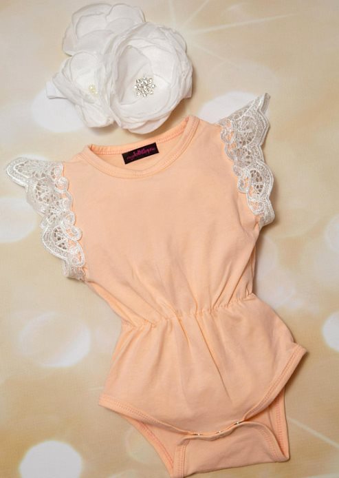 Peach Cotton Lace Sleeves Romper Outfit with Matching Flower Headband $29.00