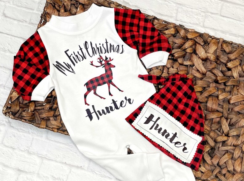 Baby Boys My First Christmas Buffalo Plaid Personalized Outfit