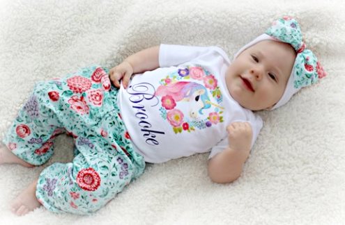 Baby Girls Personalized Unicorn Onesie Pants Outfit Set with Matching Headband
