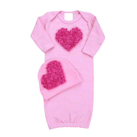 Bundle of Love Pink Rosette Heart Infant Gown Outfit with Hat
