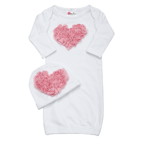 Bundle Of Love White & Pink Rosette Heart Infant Gown Outfit with Hat